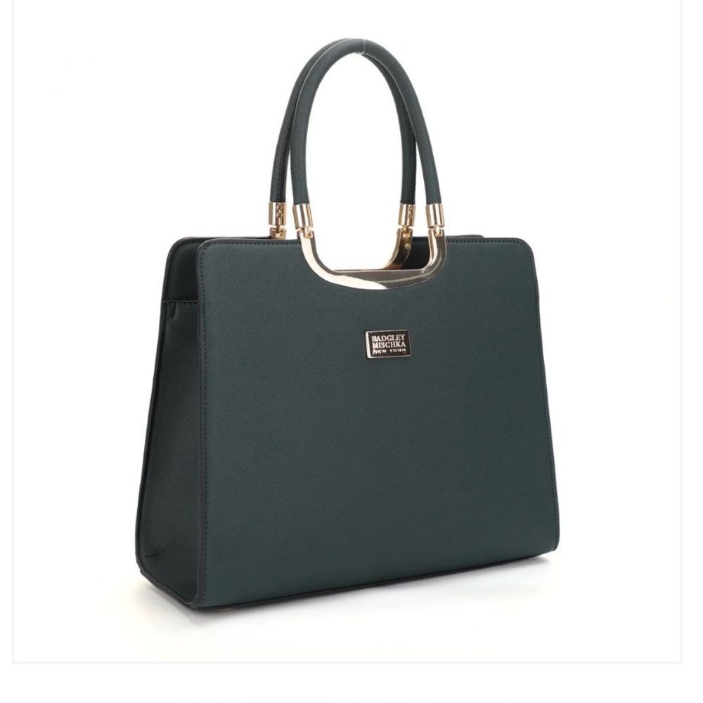 Badgley Mischka Green Faux Leather Gold Metal Double Handle Shoulder Tote NEW